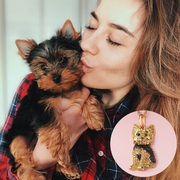 YORKIE Dog Breed Gold Plated Sterling Silver Rhinestone CZ Pendant Necklace NEW - Picture 4 of 6